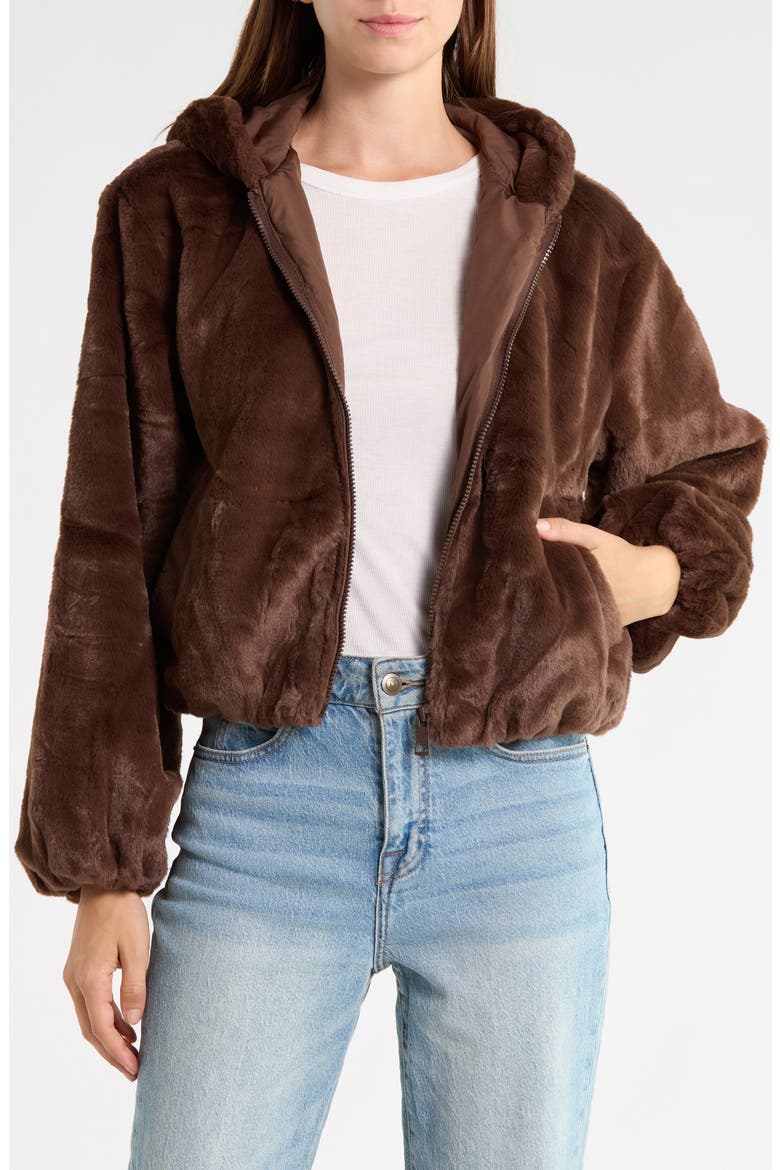 Faux Fur Hooded Bubble Jacket, Alternate, color, BROWN
