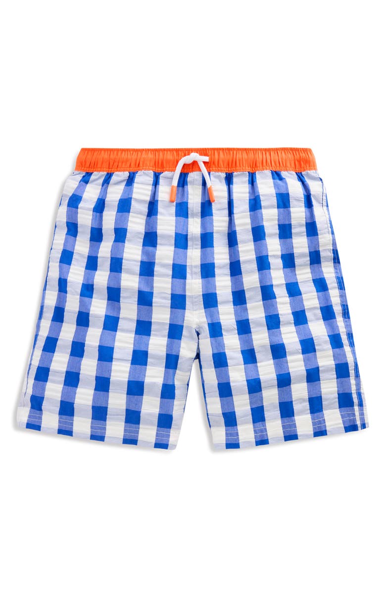 Mini Boden Kids' Print Swim Trunks, Main, color, Blue Gingham