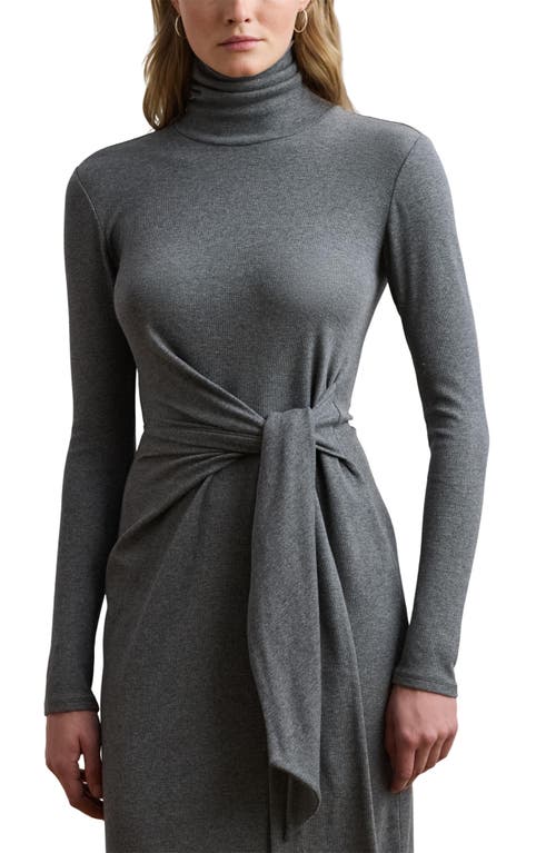 Ralph Lauren Lauren Turtleneck Tie Waist Long Sleeve Rib Cotton Blend Midi Dress In Gray