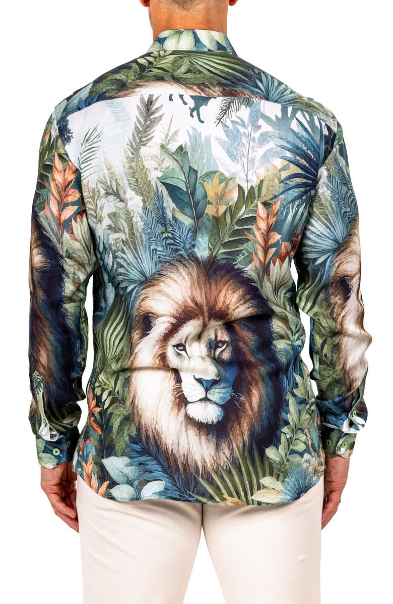 Maceoo Fibonacci Marthyr 0324 Lion Print Contemporary Fit Button-Up Shirt, Alternate, color, Green