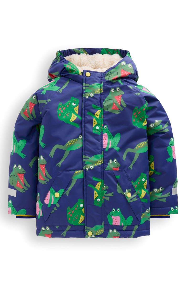 Mini Boden Kids' Fleece Lined Hooded Jacket, Main, color, Twilight Blue Frogs