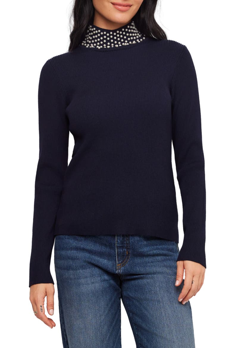 Pearl Embellished Turtleneck Sweater, Main, color, NAVY