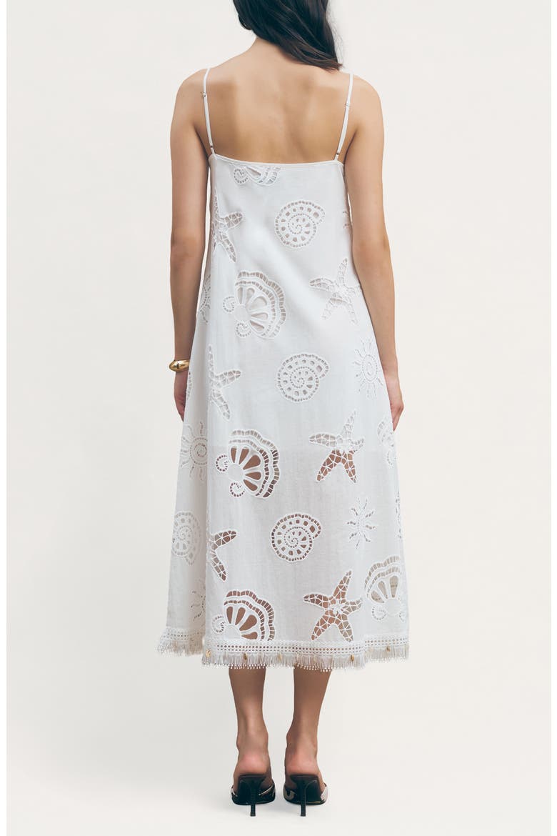 Ciel Cotton Eyelet Fringe Trim Midi Dress, Alternate, color, WHITE