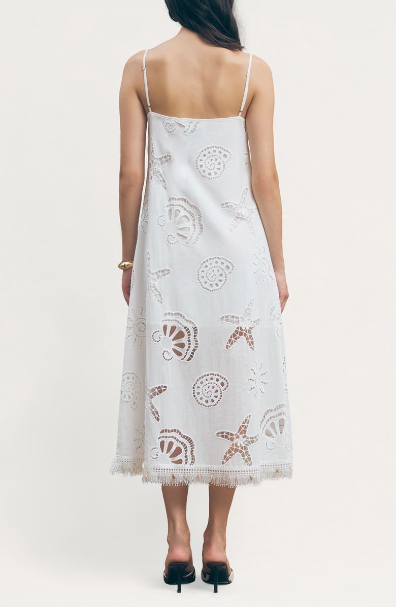 MAUDE CLUB Ciel Cotton Eyelet Fringe Trim Midi Dress, Alternate, color, White