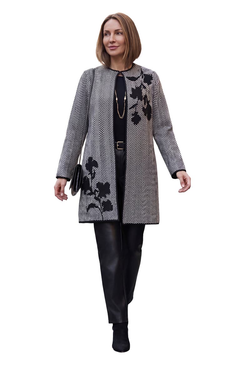 Jacquard Coatigan Sweater Jacket, Main, color, BLACK HERRINGBONE FLORAL