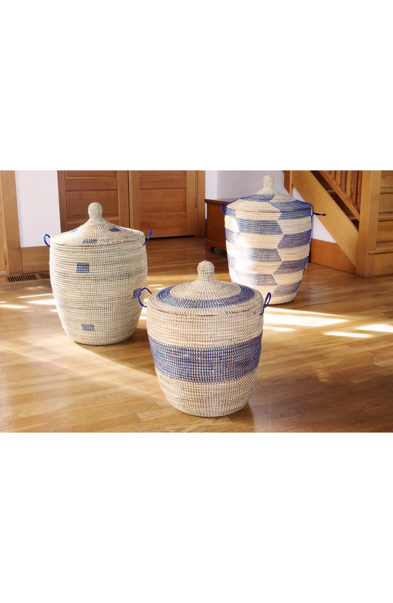 African Modern Set of Three Blue and Cream Mixed Pattern Hampers, Alternate, color, Blue And Cream