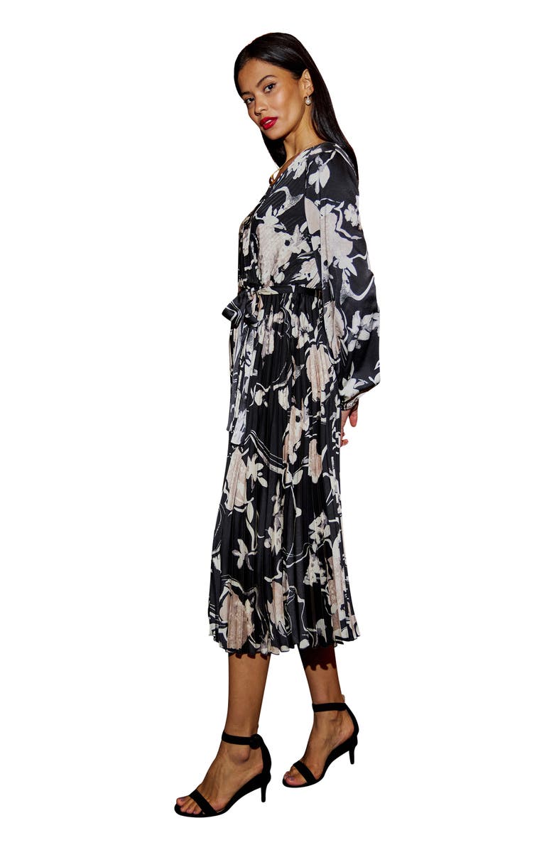 Yumi Floral Satin Long Sleeve Midi Dress, Alternate, color, Black