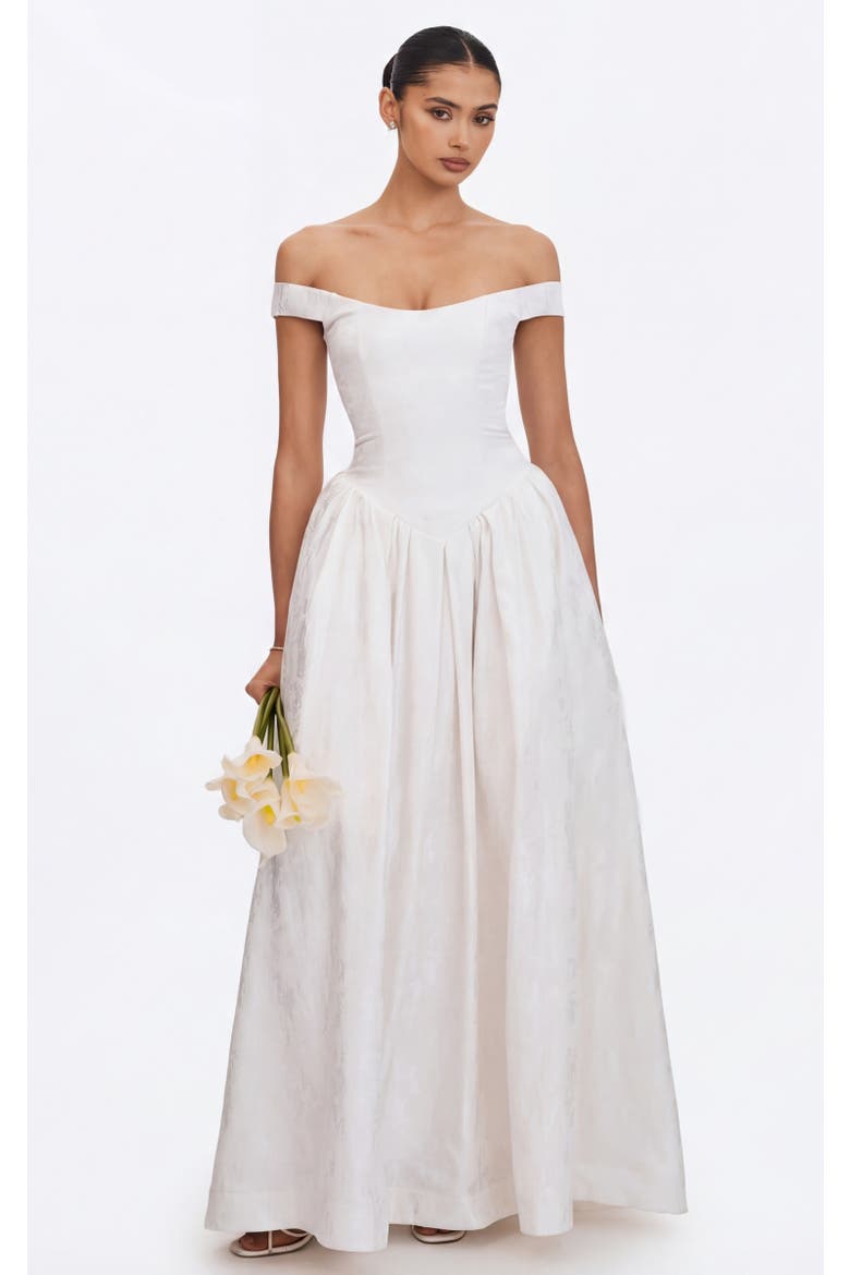 Tinsley Jacquard Bardot Wedding Gown, Main, color, White