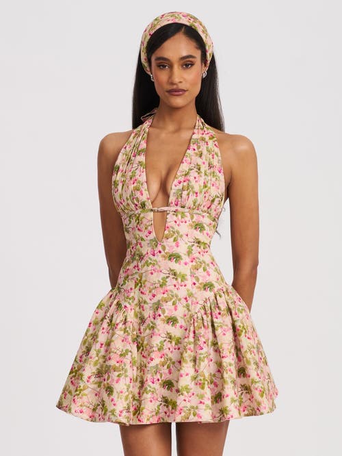 Miss Circle Mackenzie Floral Print Halter Linen Mini Dress In Multi