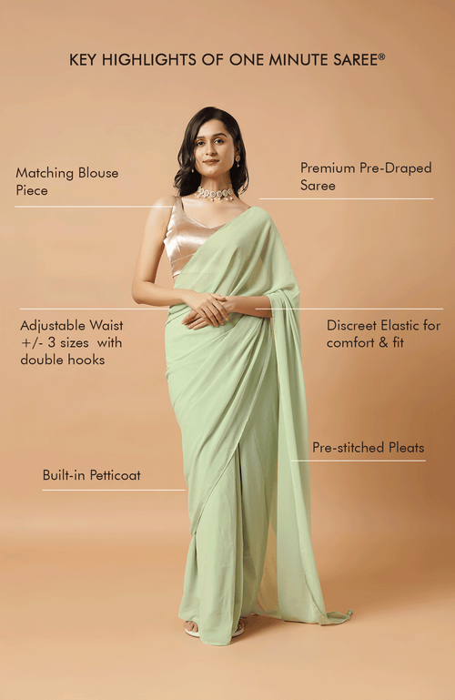 One Minute Saree® Pari Key Lime Green Pre-draped Georgette Saree In Green