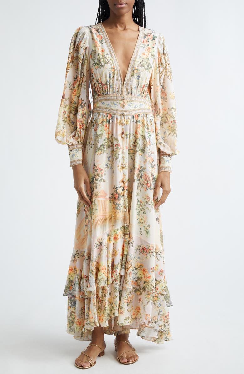 Camilla Twilight in Istanbul Long Sleeve Silk Maxi Dress, Main, color, Twilight In Istanbul