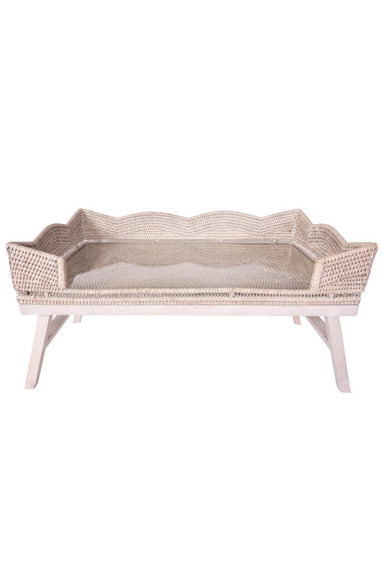 Artifacts Rattan Scallop Design Breakfast Tray with Wooden Legs & Glass Insert, Main, color, White Wash