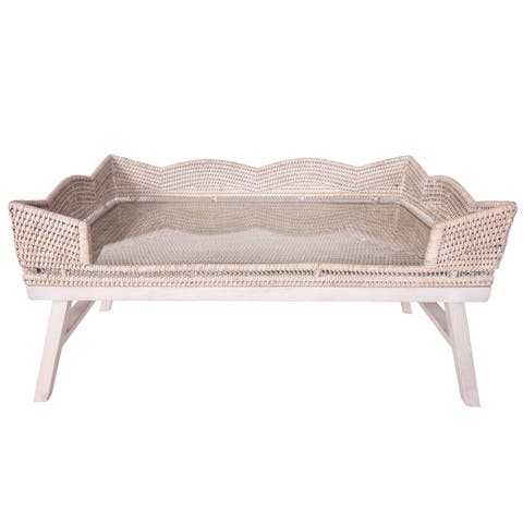 Artifacts Rattan Scallop Design Breakfast Tray with Wooden Legs & Glass Insert