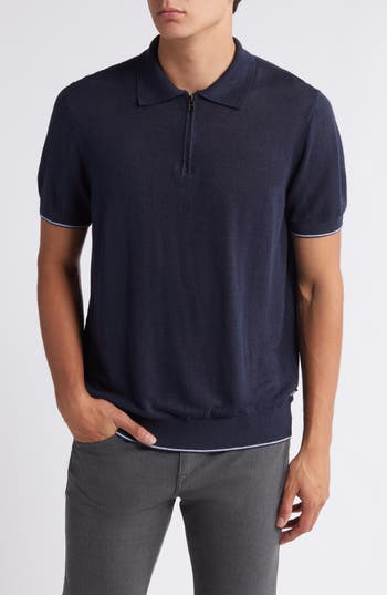 Shop Hugo Boss Boss Trieste Linen Blend Zip Polo Sweater In Dark Blue