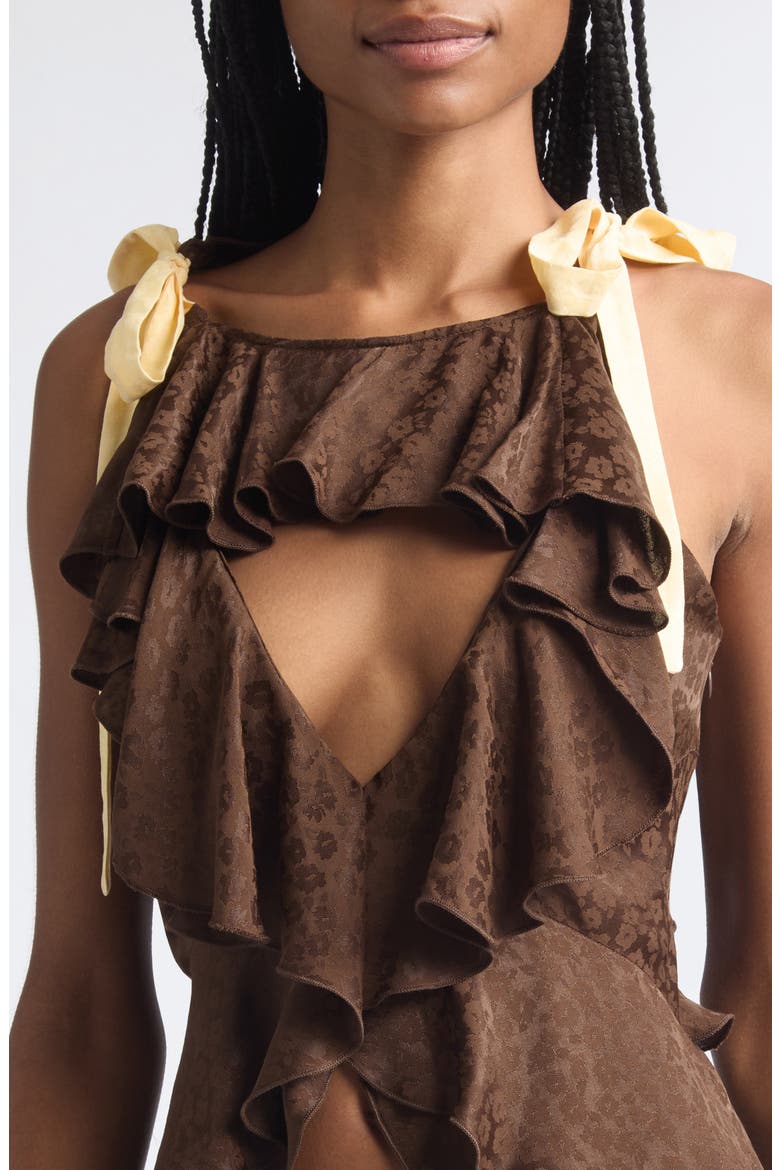 Marian Crop Ruffle Satin Jacquard Top, Alternate, color, BROWN/ YELLOW