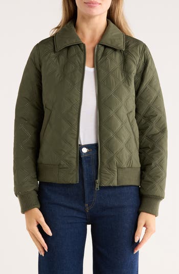 Bernardo Diamond Quilted Bomber Jacket In Green
