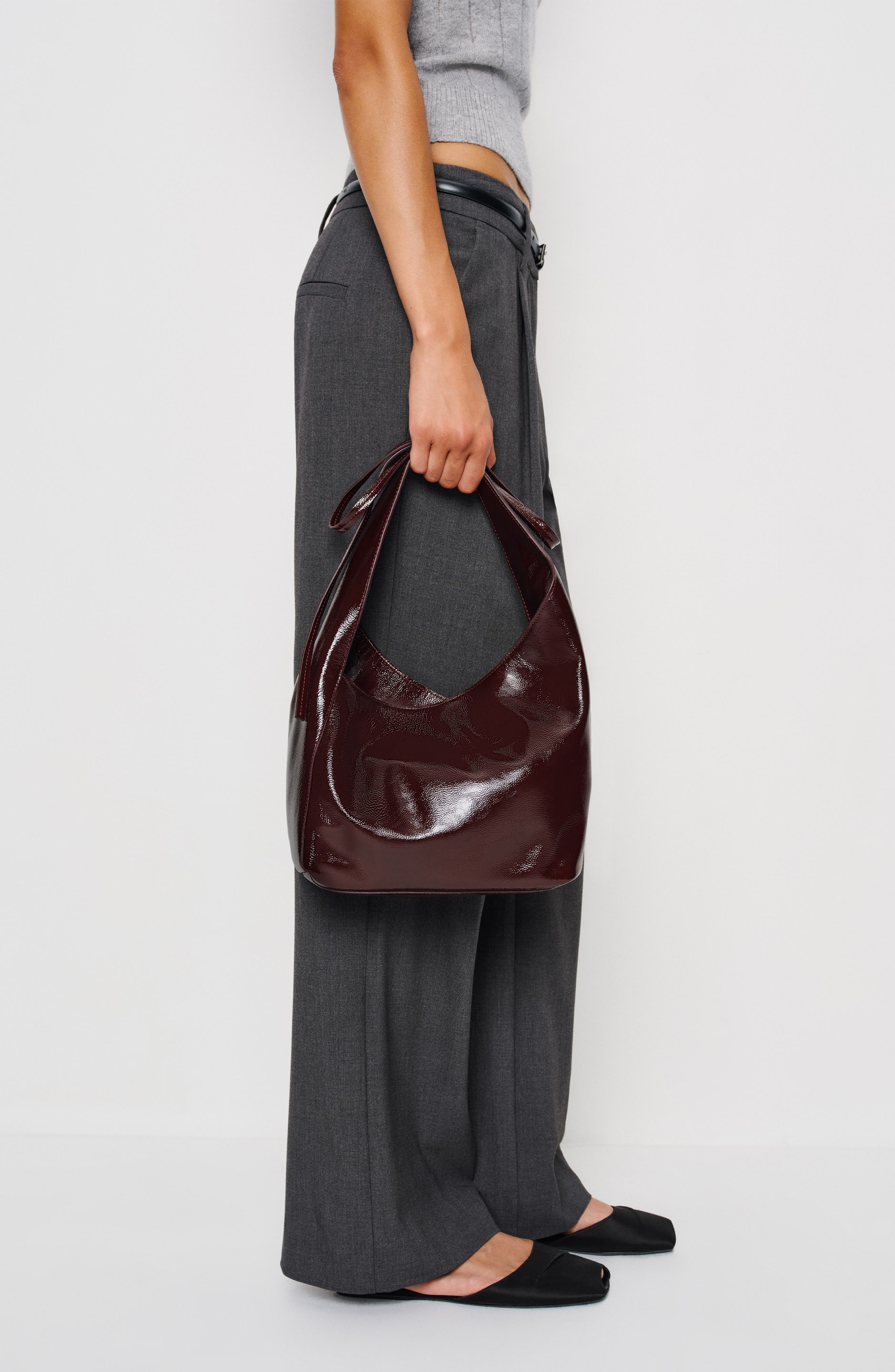 Reformation Small Vittoria Leather Tote, Alternate, color, Rum Raisin Crinkle Patent