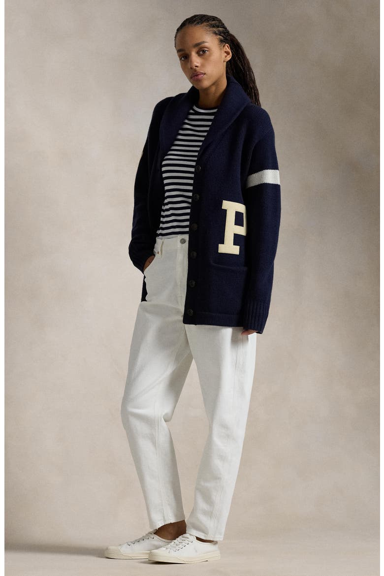 Varsity Long Wool Cardigan, Alternate, color, NAVY W/ IVORY STRIPE