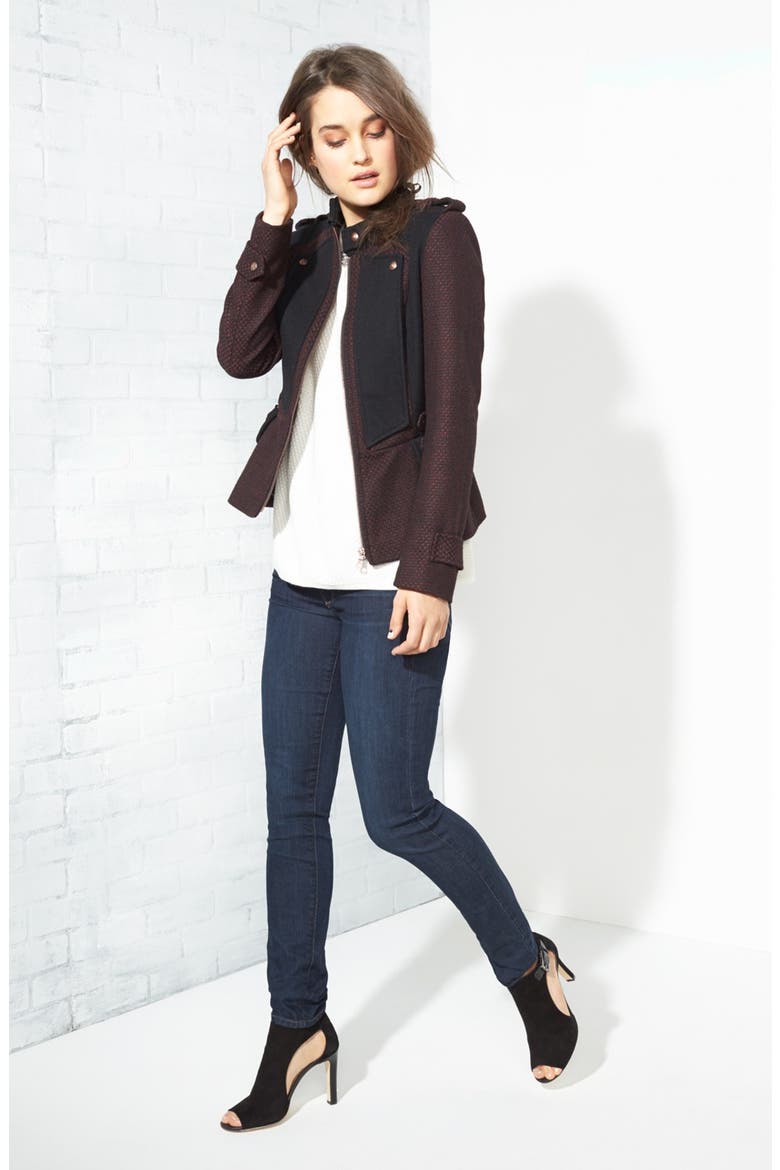 Zip Front Military Tweed Jacket, Main, color, WINE
