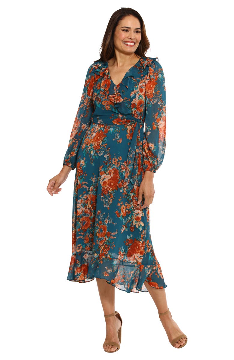 Maggy London Floral Long Sleeve Tiered Faux Wrap Midi Dress, Alternate, color, 