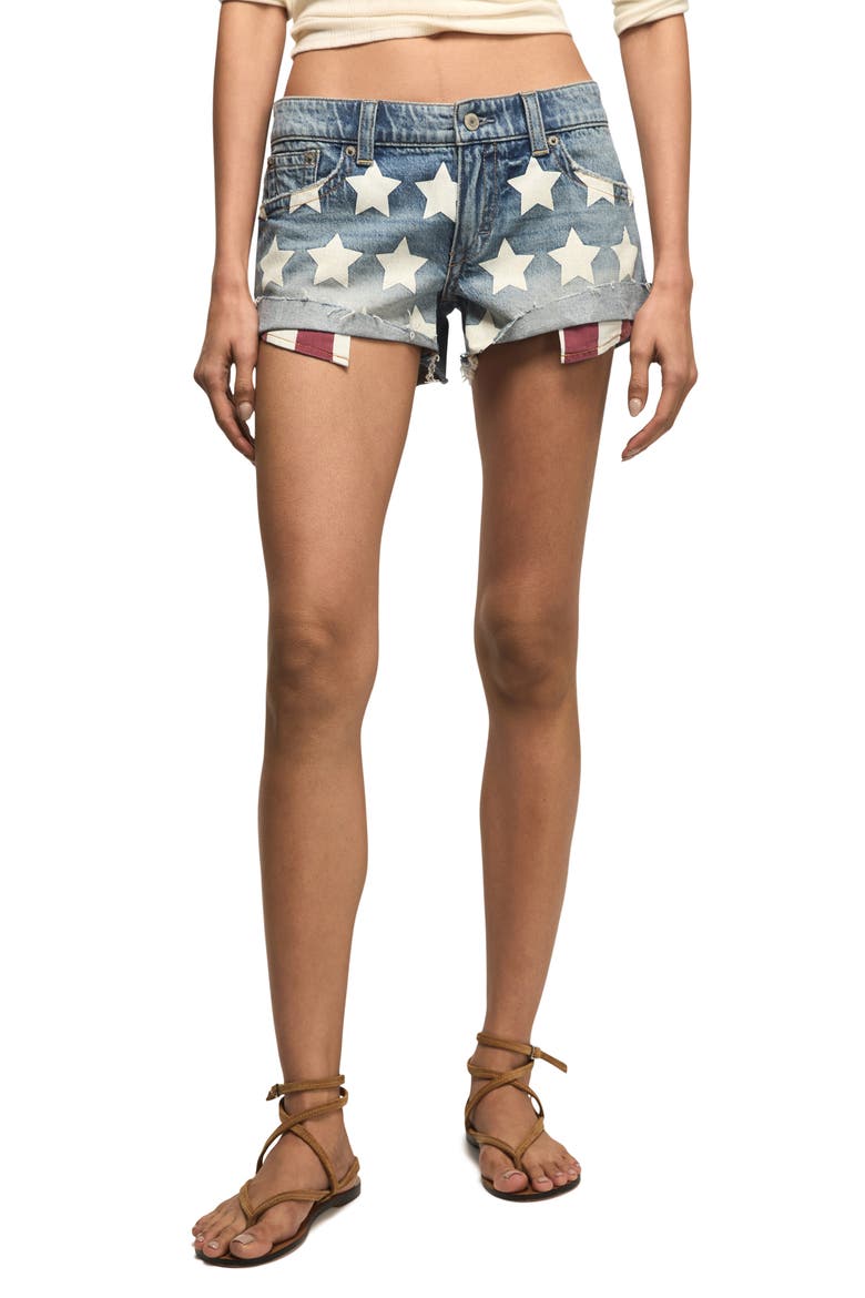 Festival Star Print Denim Cutoff Shorts, Main, color, NEW AMERICANA WASH