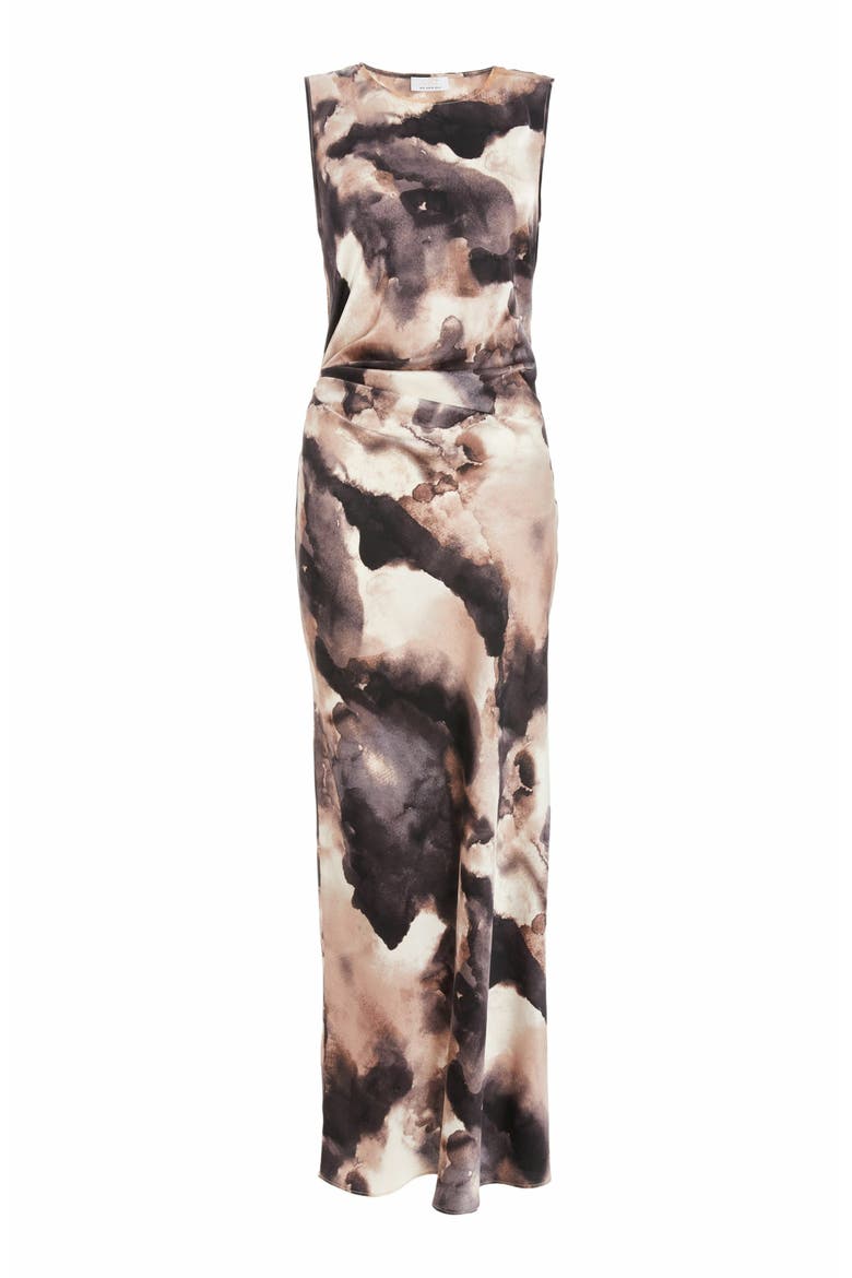 Marble Satin Sleeveless Ruched Waist Maxi Dress, Alternate, color, Black