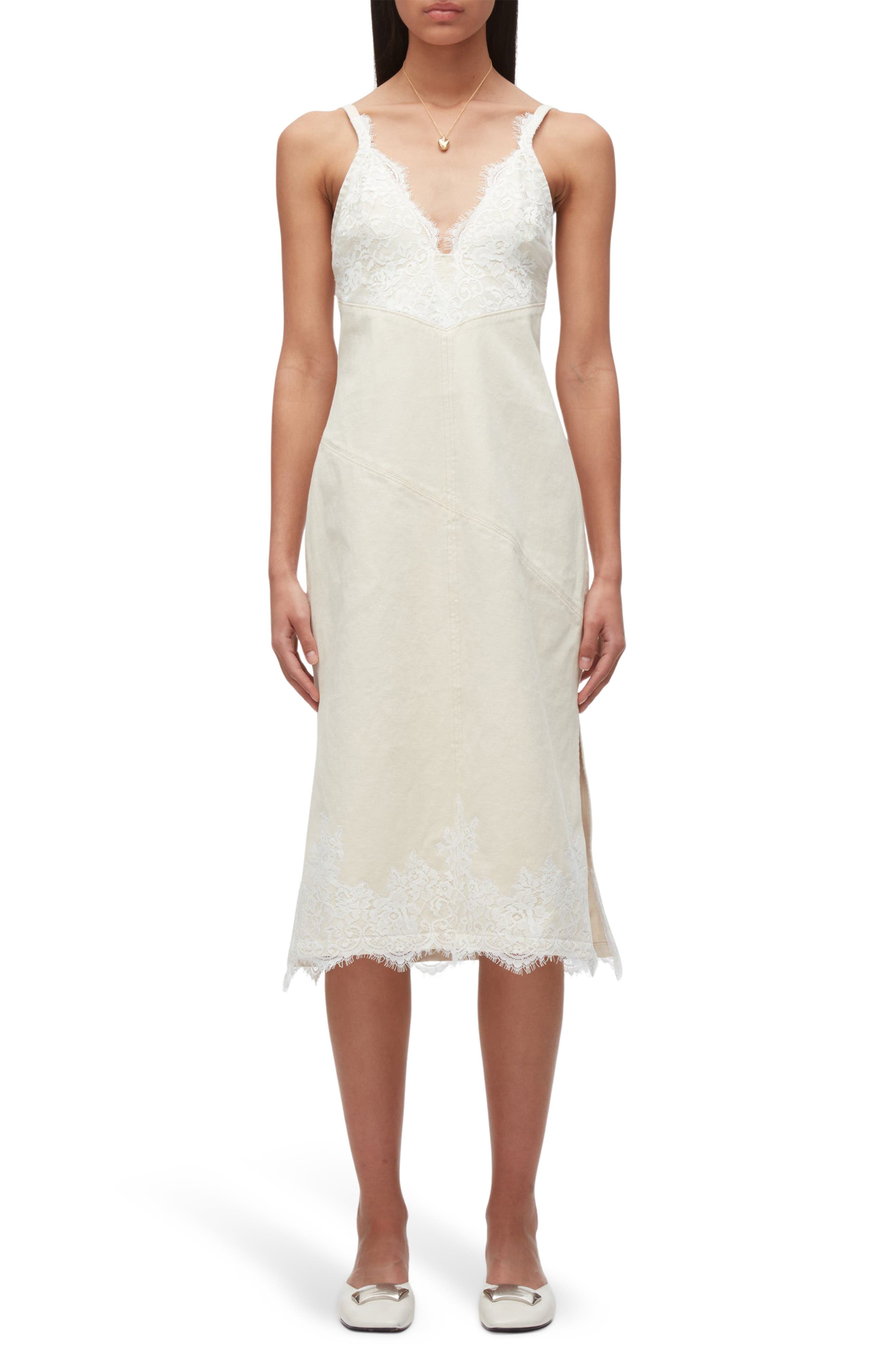 Lace Trim Cotton Denim Midi Slipdress