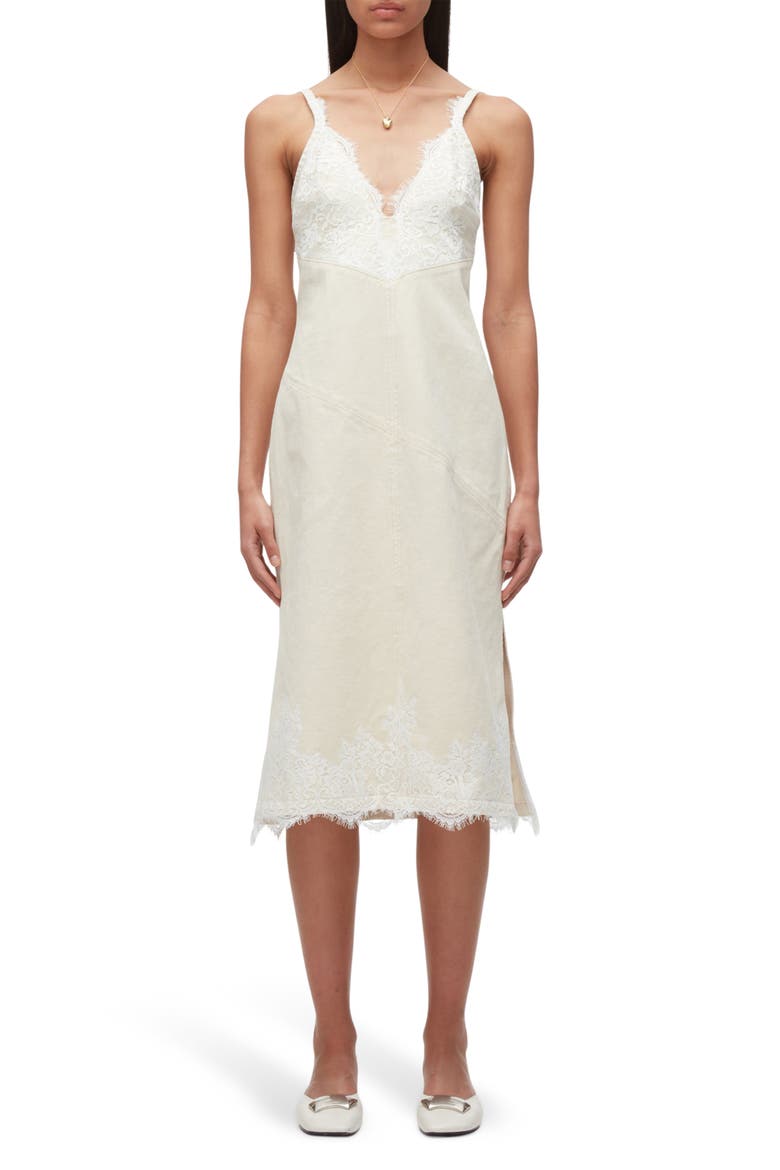 Lace Trim Cotton Denim Midi Slipdress, Main, color, ECRU