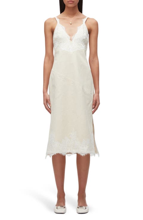 Lace Trim Cotton Denim Midi Slipdress