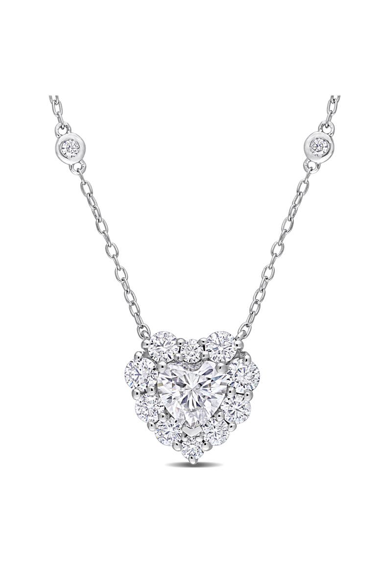 Moissanite Heart Halo Station Necklace, Main, color, Sterling Silver