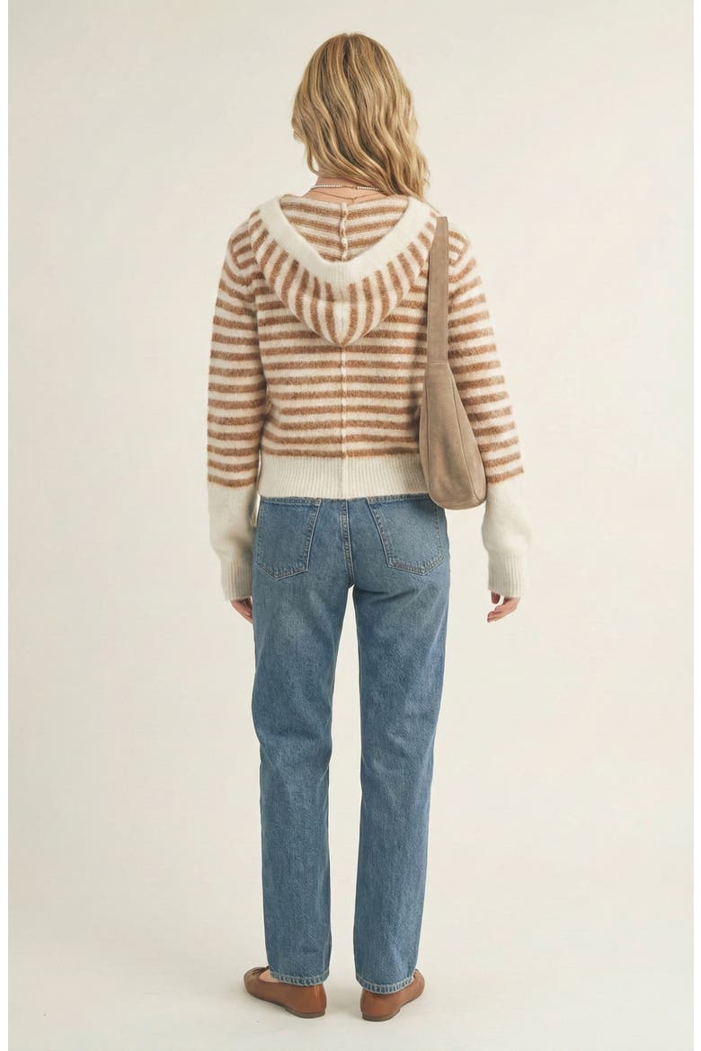 Striped Button-Up Cardigan Hoodie with Ribbon Tie and Ribbed Hem, Alternate, color, Ivory / Brown Stripes