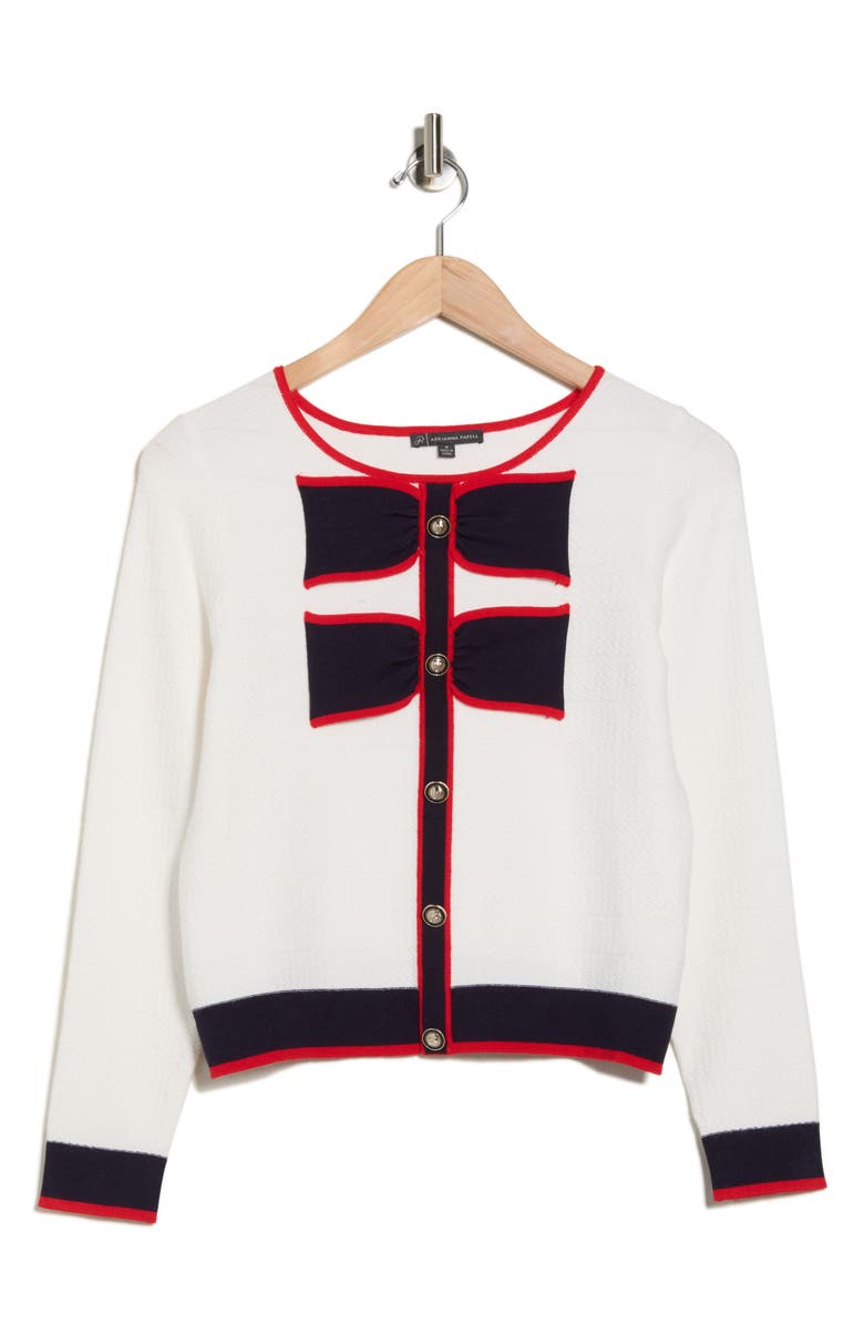 Adrianna Papell Contrast Tipped Bow Sweater, Alternate, color, Ivory/ Navy/ Red
