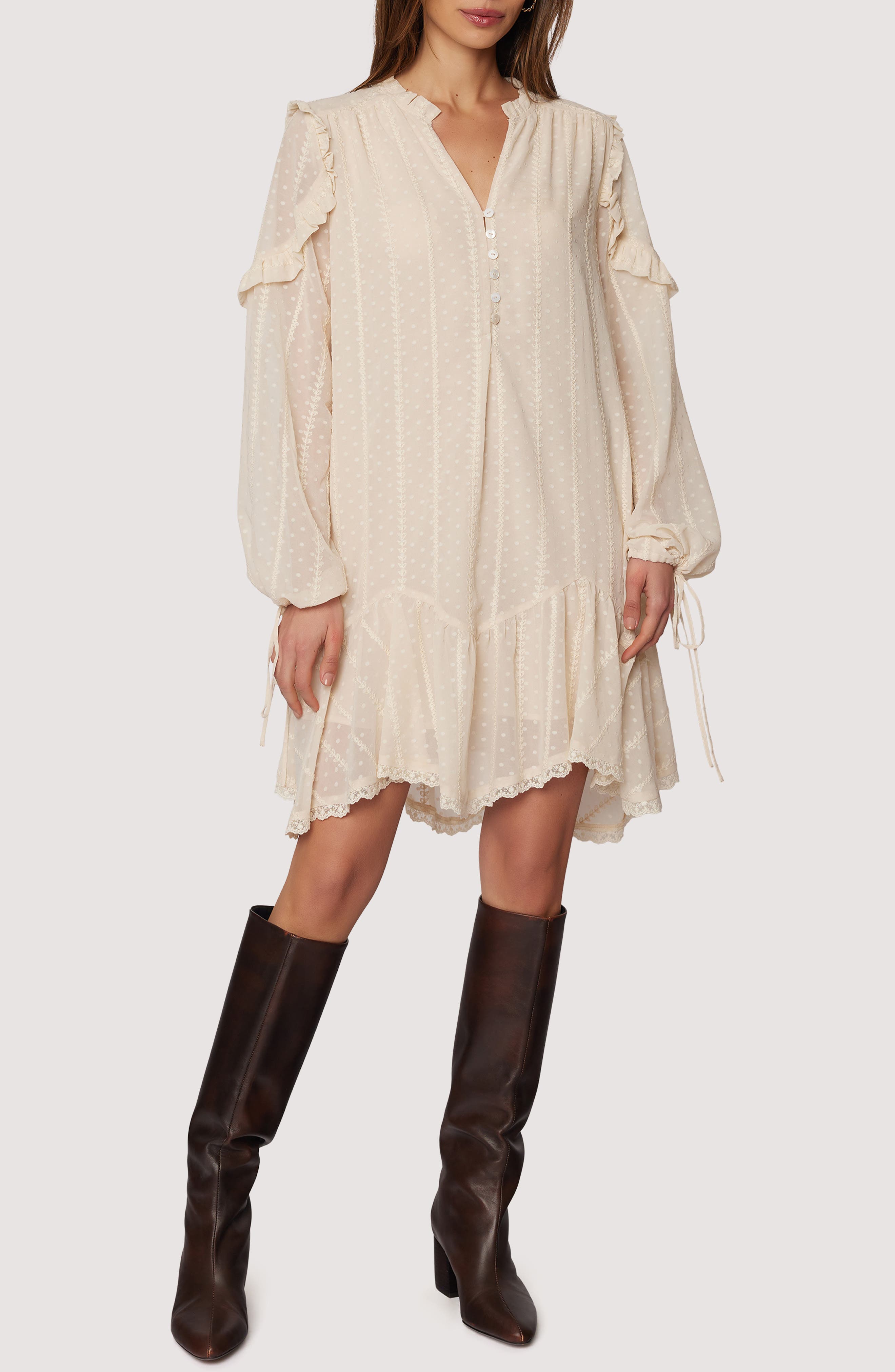 Lost + Wander Poetry in Bloom Embroidered Long Sleeve Trapeze Minidress