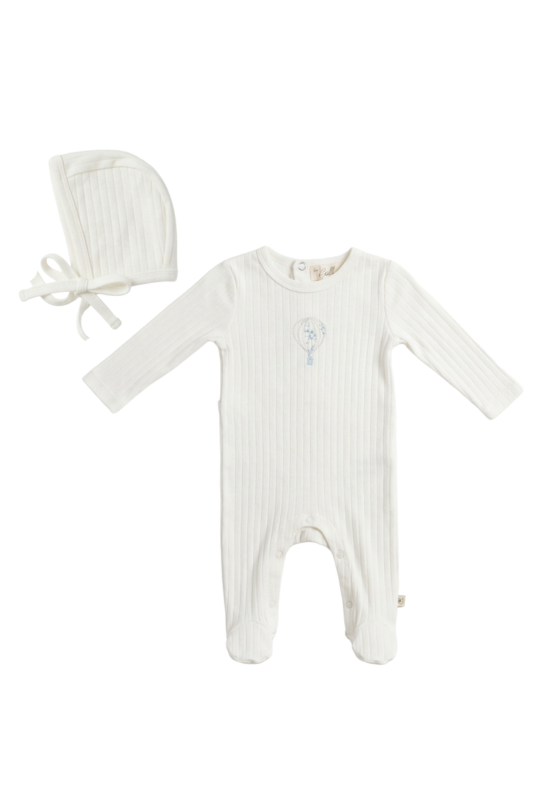 Boy Hot Air Balloon Pointelle Romper with Matching Bonnet, Main, color, Ivory/Blue Floral