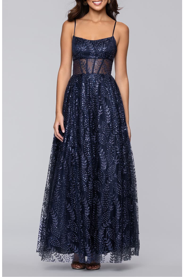 Sequin & Mesh Gown, Main, color, NAVY