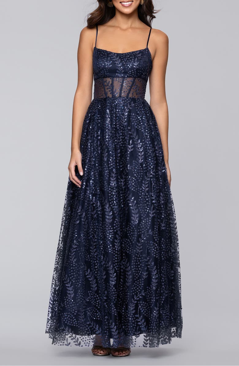 Blondie Nites Sequin & Mesh Gown, Main, color, Navy