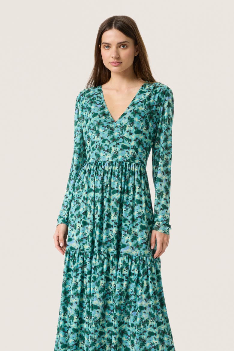 Slaldora V-Neck Mesh Long Sleeve Dress, Alternate, color, Green Brushed Floral