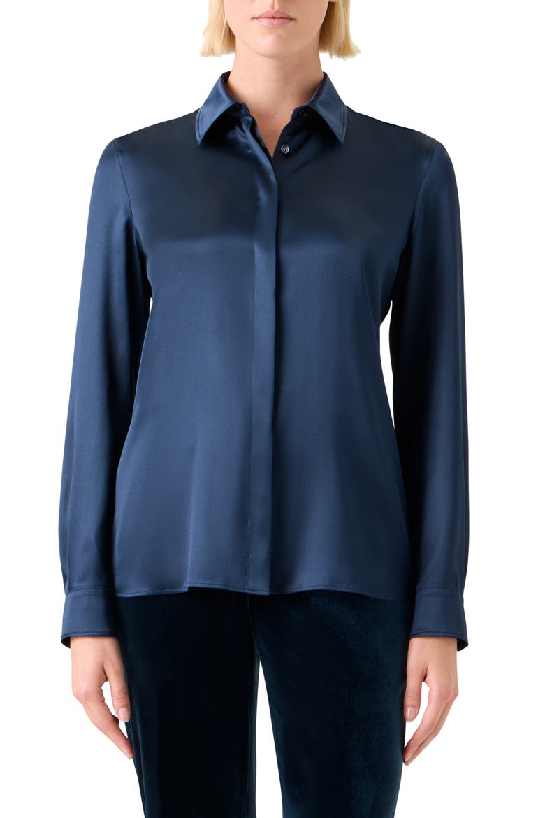 Stretch Silk Satin Button-Up Shirt, Main, color, DENIM BLUE