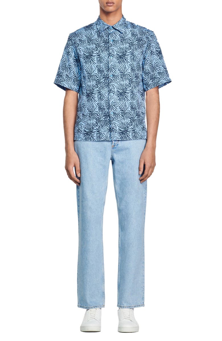 SANDRO Sea Urchin Short Sleeve Lyocell & Linen Button-Up Shirt, Alternate, color, Marine