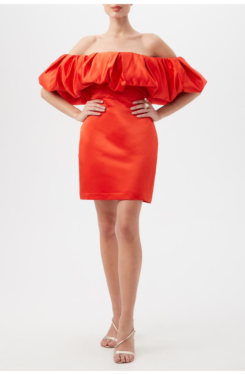 Trina Turk Nia Off the Shoulder Ruffle Satin Cocktail Dress, Main, color, Firefinch