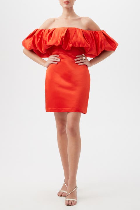 Nia Off the Shoulder Ruffle Satin Cocktail Dress