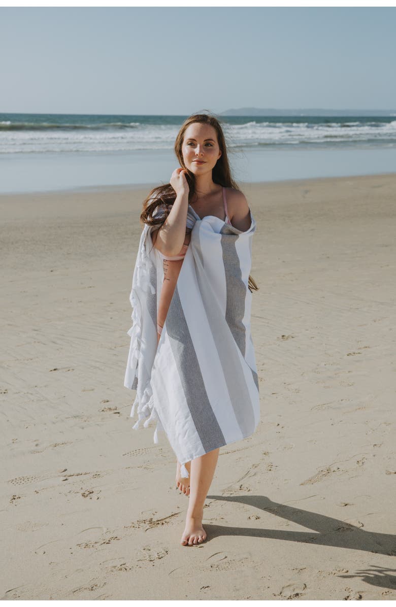 InfuseZen Kapris Striped Organic Turkish Towel with Soft Terry Cloth Back, Alternate, color, Grey