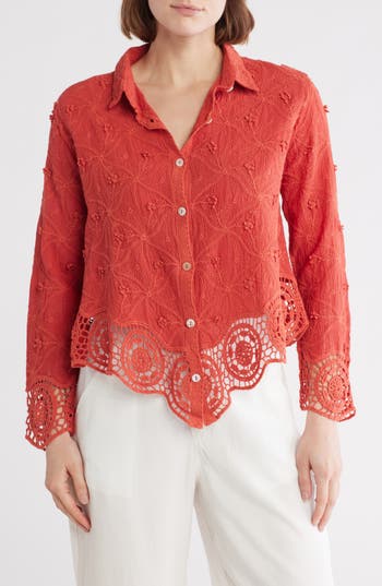 FORGOTTEN GRACE FORGOTTEN GRACE FLORAL EMBROIDERED COTTON BUTTON-UP SHIRT