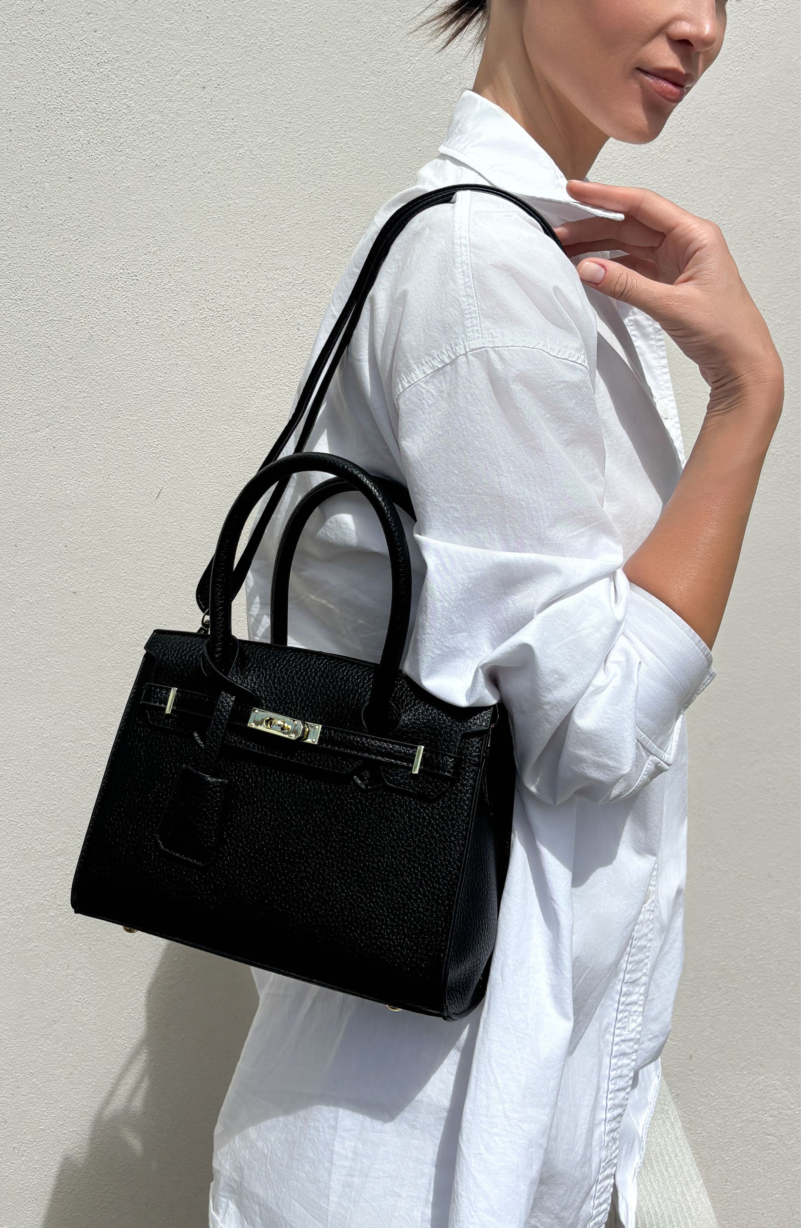 Faux Leather Top Handle Bag, Alternate, color, BLACK