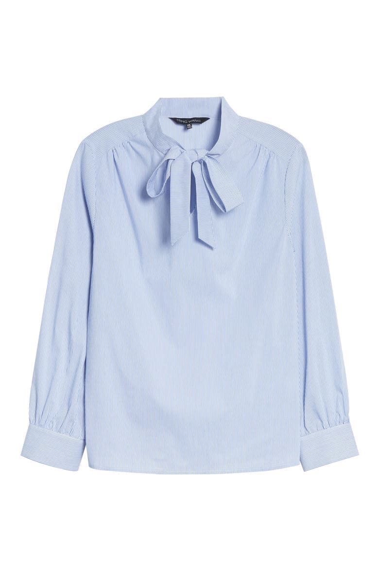 Tie Neck Blouse, Alternate, color, BLUE SMOKE/WHITE
