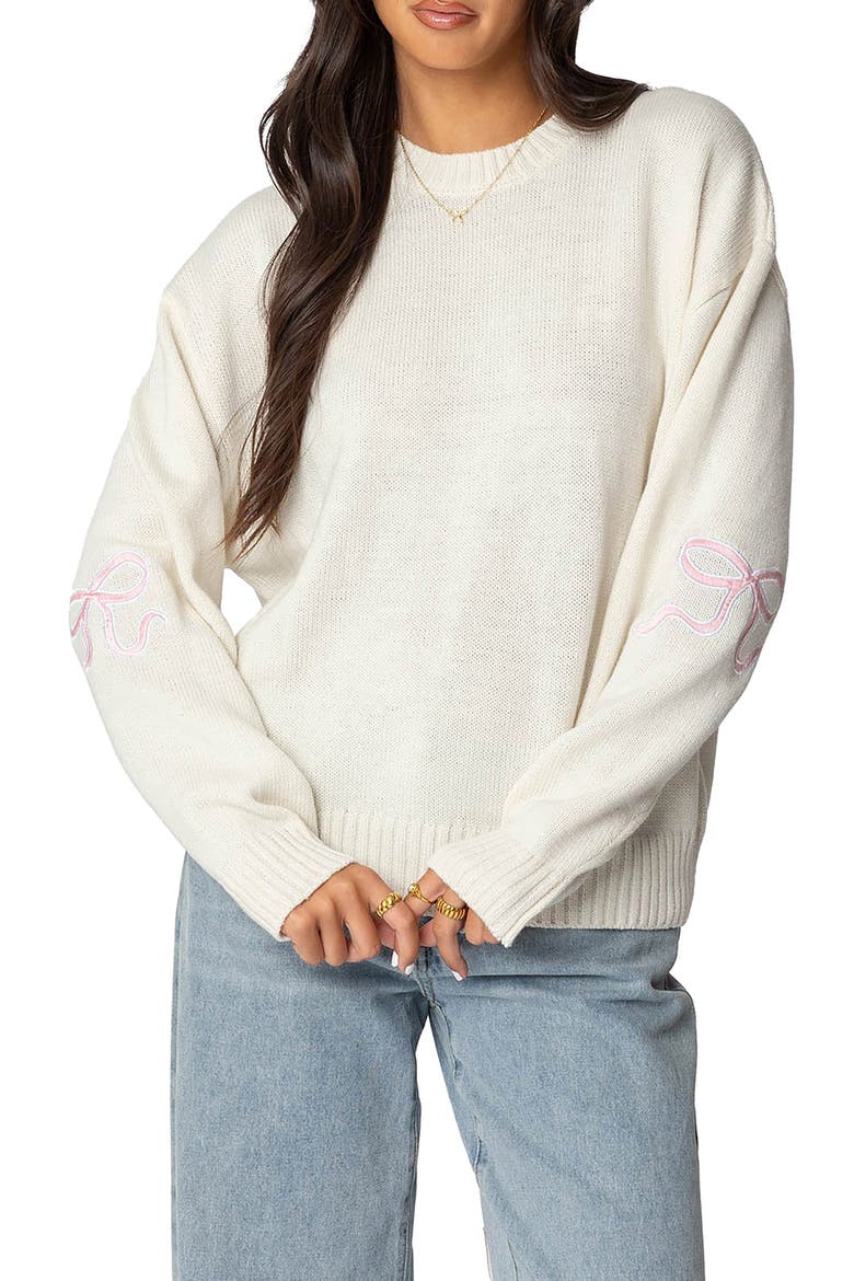 Rutie Bow Appliqué Crewneck Sweater, Main, color, WHITE
