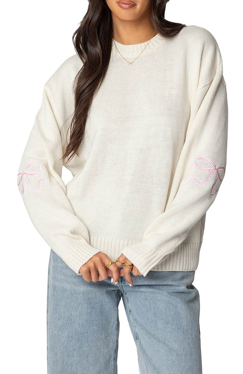 EDIKTED Rutie Bow Appliqué Crewneck Sweater, Main, color, White