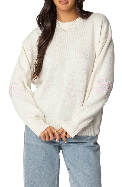 EDIKTED EDIKTED RUTIE BOW APPLIQUÉ CREWNECK SWEATER 