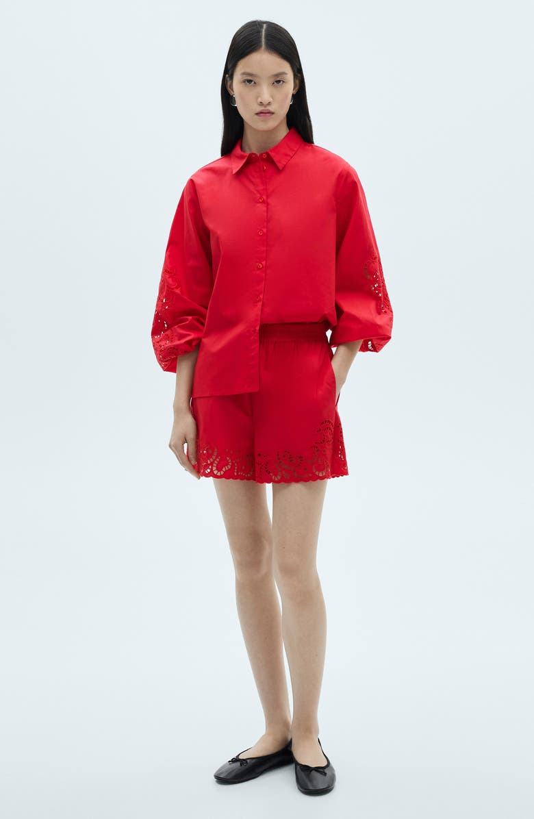 MANGO Openwork Sleeve Button-Up Shirt, Alternate, color, Red