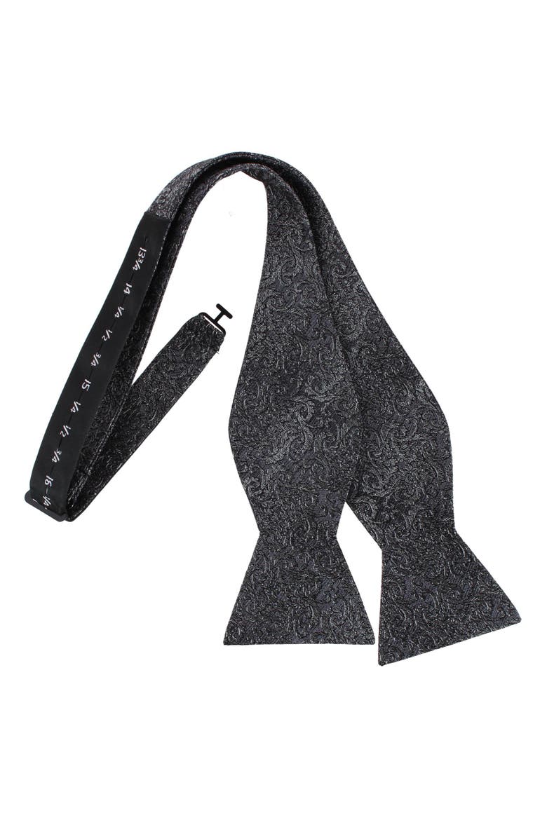Esteban Scrolling Vines Tone on Tone Patterned Silk Self Tie Bow Tie, Alternate, color, Silver and Black